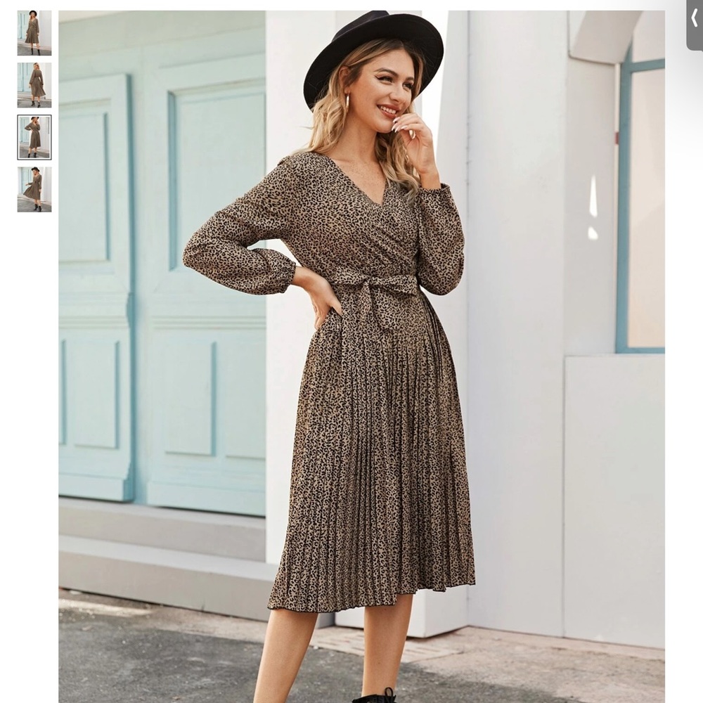 Leopard Print Self Tie Pleated Hem A-line Dress
